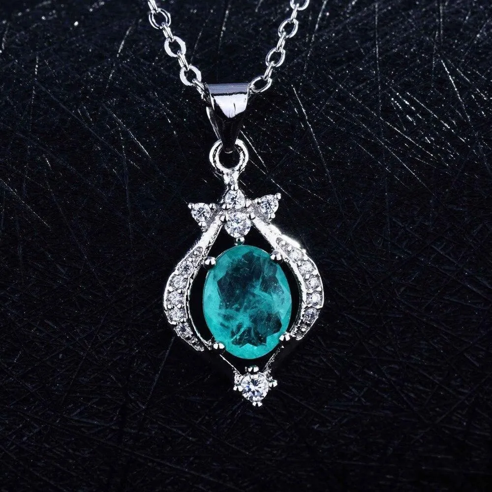 Fine Jewelry Vintage Silver Oval Cut Paraiba Tourmaline Gemstone Pendants Necklaces