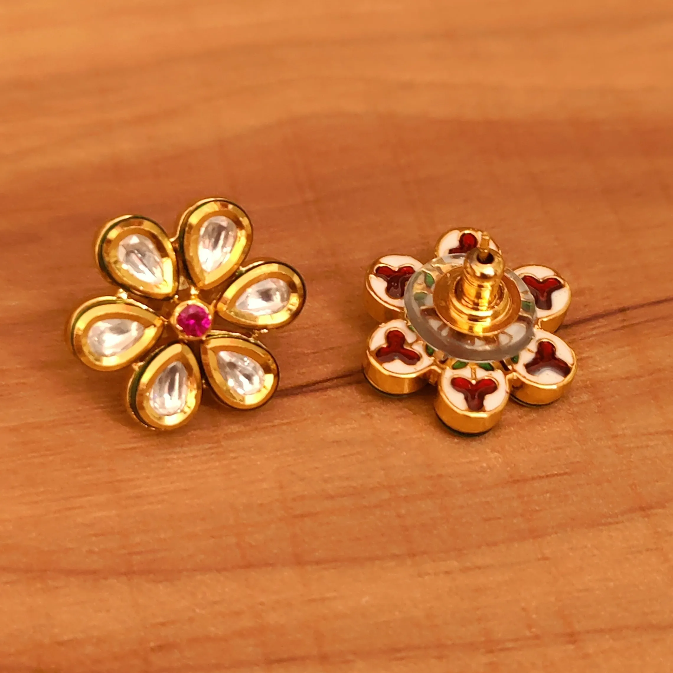 FLOWER KUNDAN MEENAKARI RUBY STUDS