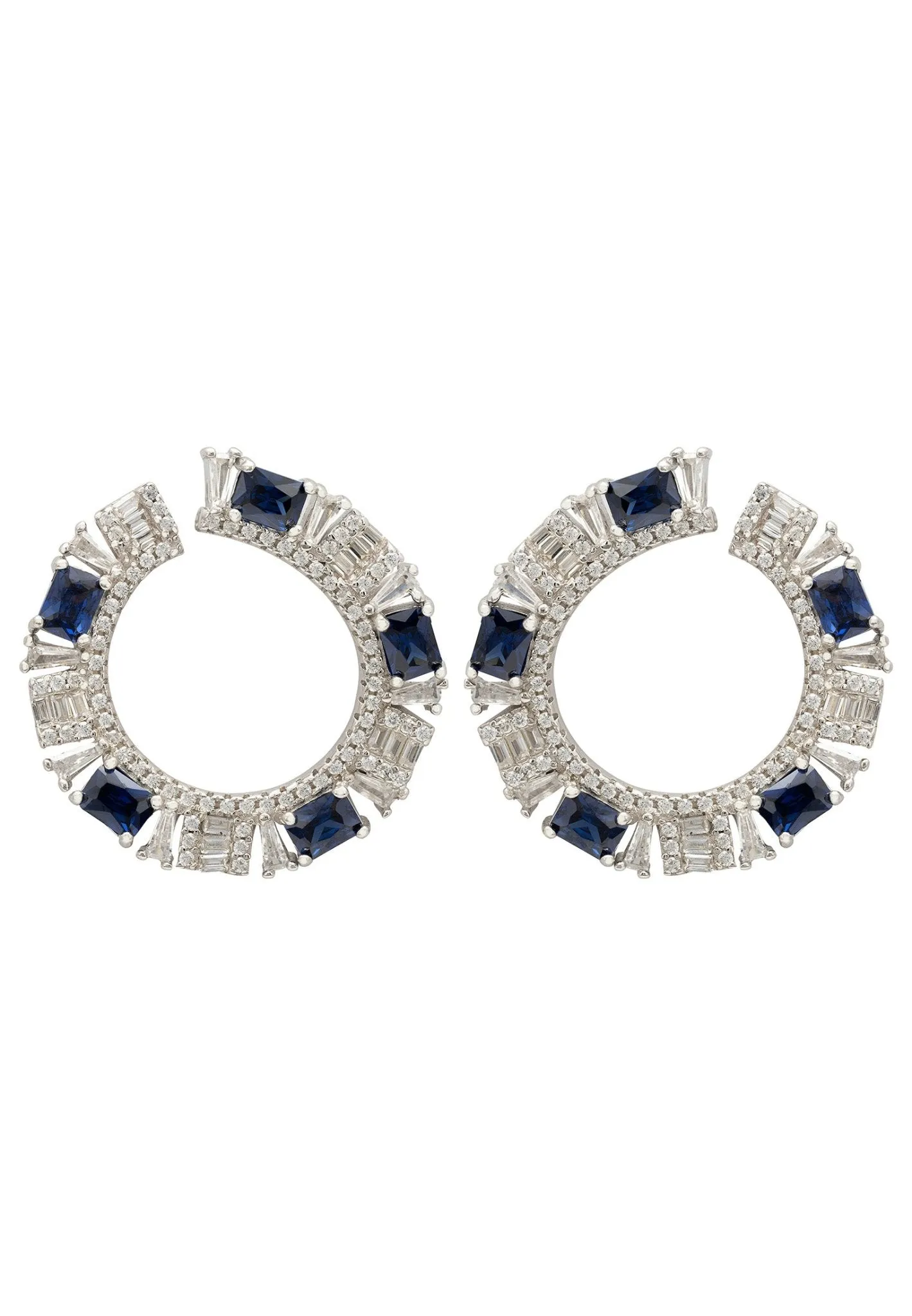 Freya Baguette Hoop Earrings Silver Sapphire