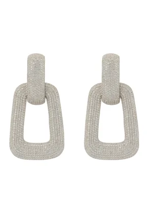 Geo Trapezoid Link Drop Earrings Silver White CZ