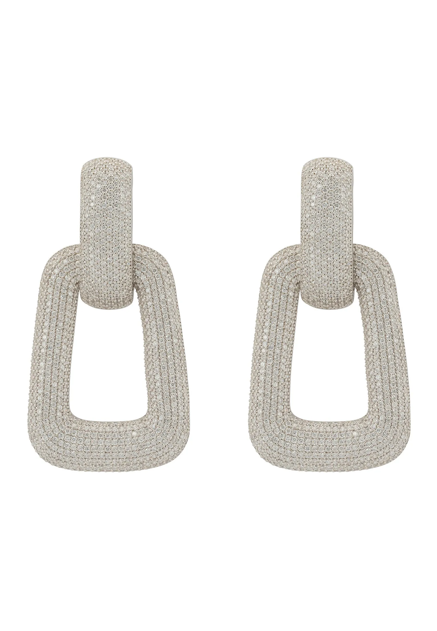 Geo Trapezoid Link Drop Earrings Silver White CZ