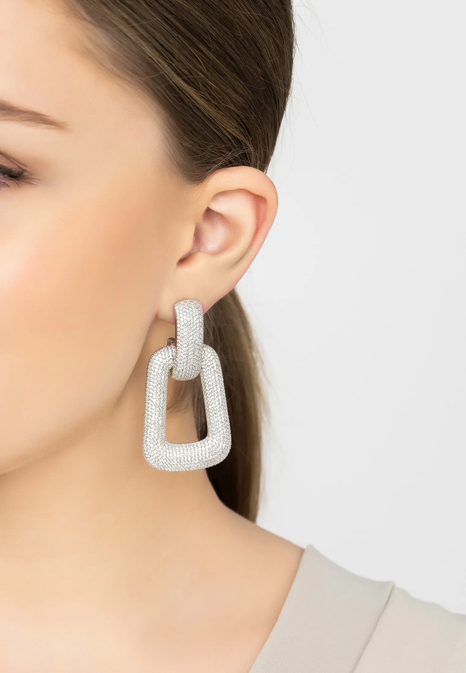 Geo Trapezoid Link Drop Earrings Silver White CZ