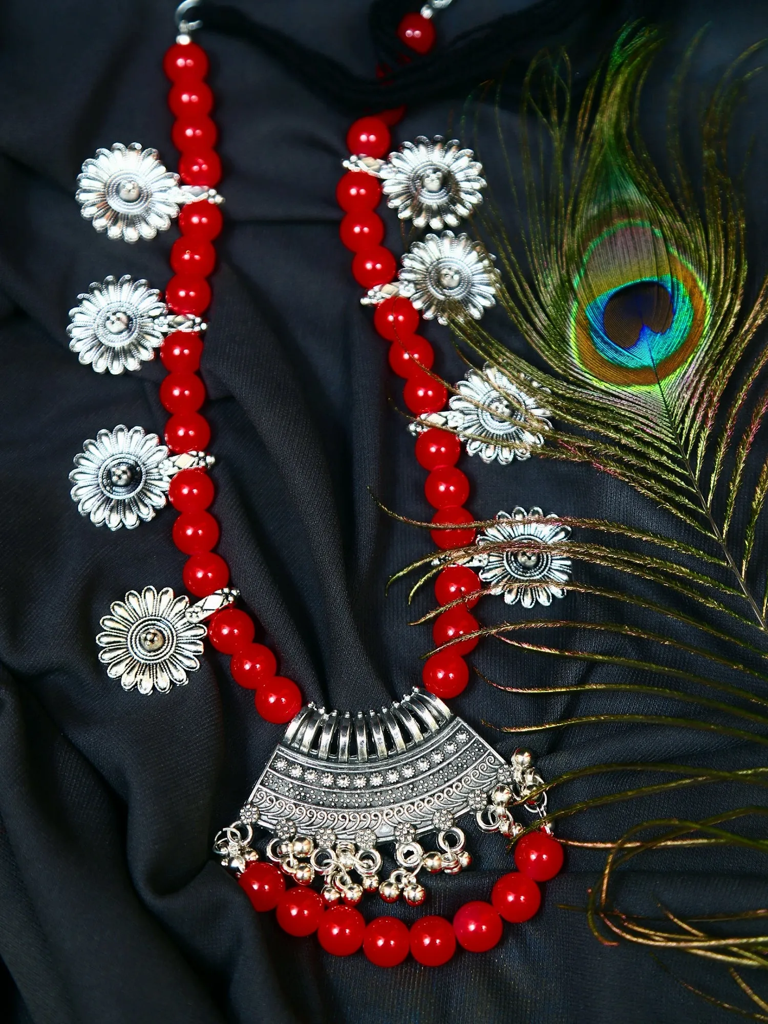 German Silver Oxidised Red Pearls Long Necklace