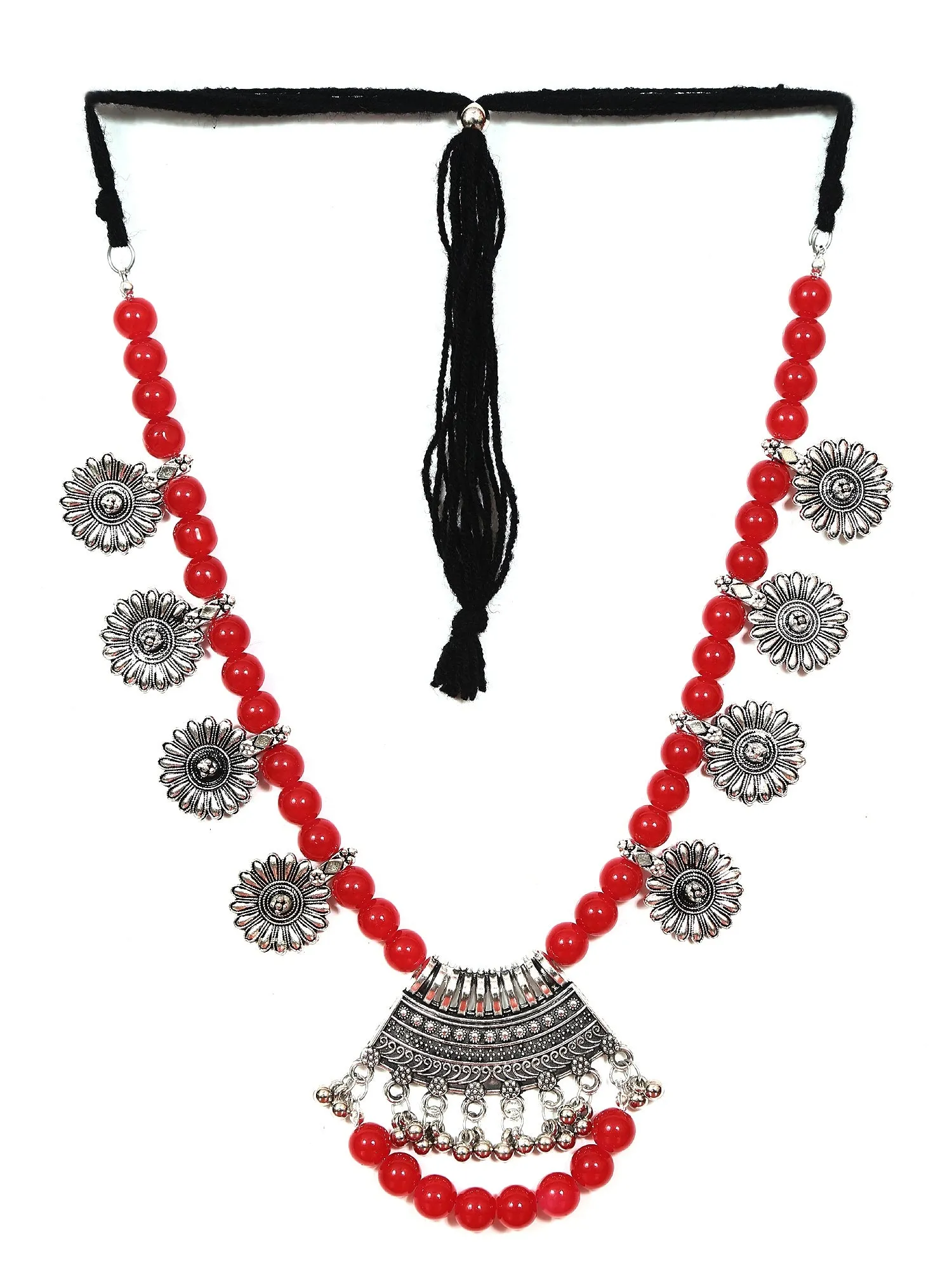 German Silver Oxidised Red Pearls Long Necklace
