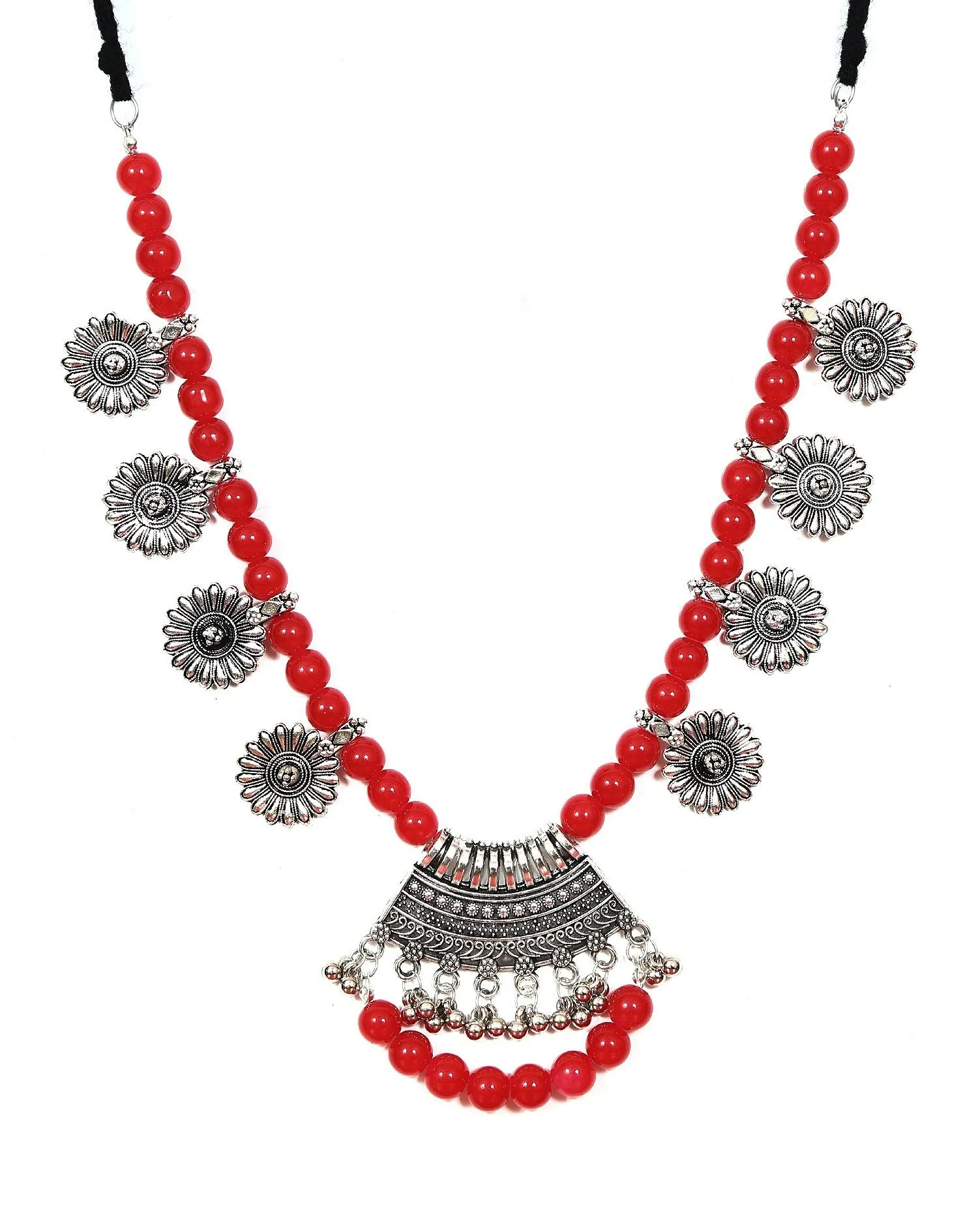 German Silver Oxidised Red Pearls Long Necklace