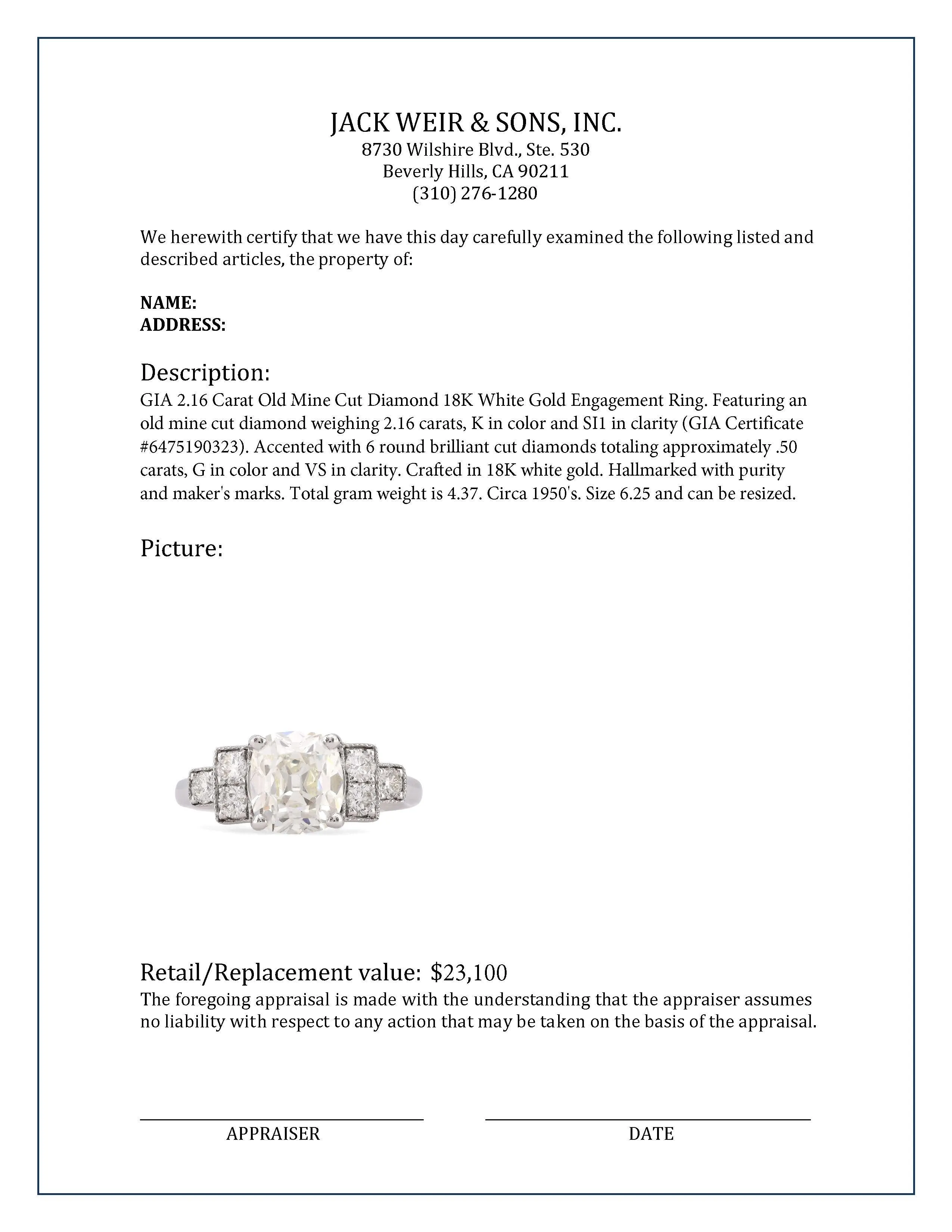 GIA 2.16 Carat Old Mine Cut Diamond 18K White Gold Engagement Ring