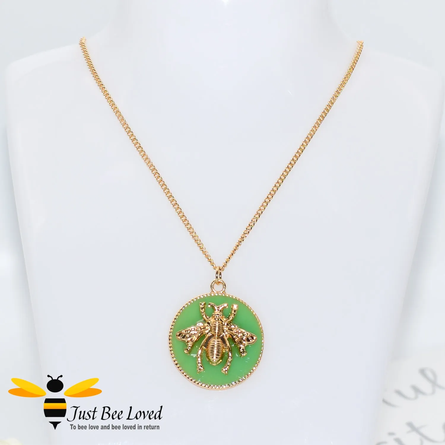Glazed Disc Honey Bee Pendant Necklace