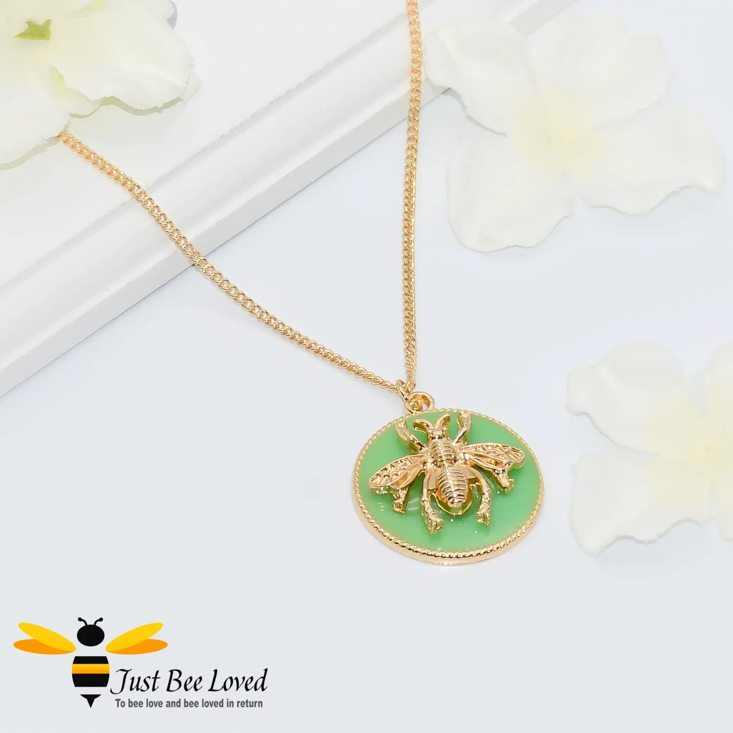 Glazed Disc Honey Bee Pendant Necklace
