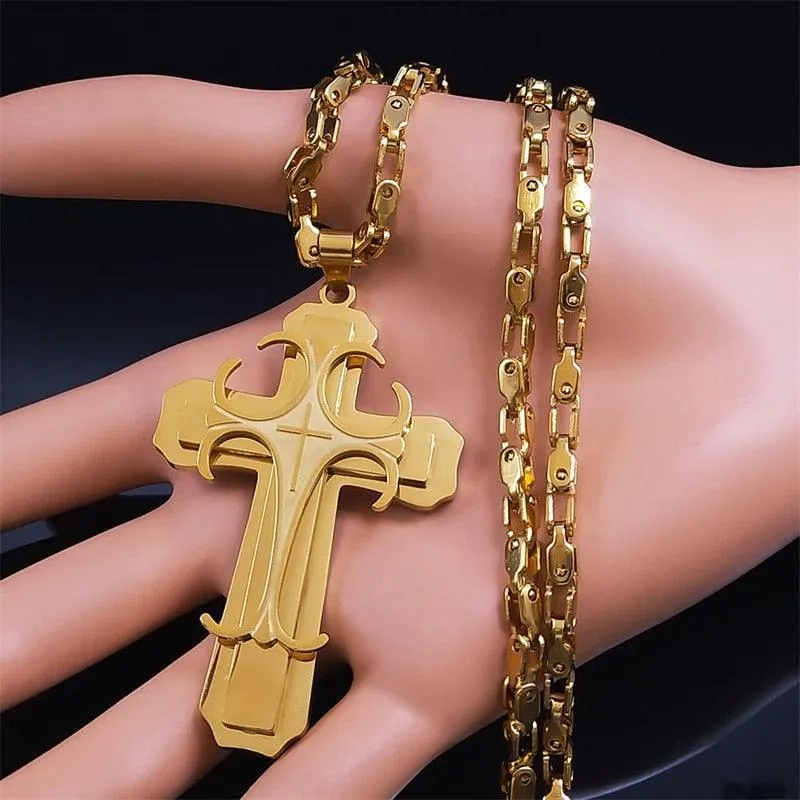 Glorious Stainless Steel Gold Colour Christ God Chain Big Cross Necklace - Christian Jewellery