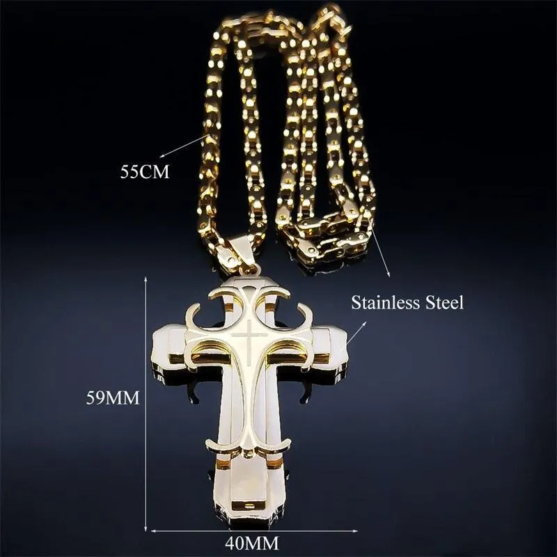 Glorious Stainless Steel Gold Colour Christ God Chain Big Cross Necklace - Christian Jewellery