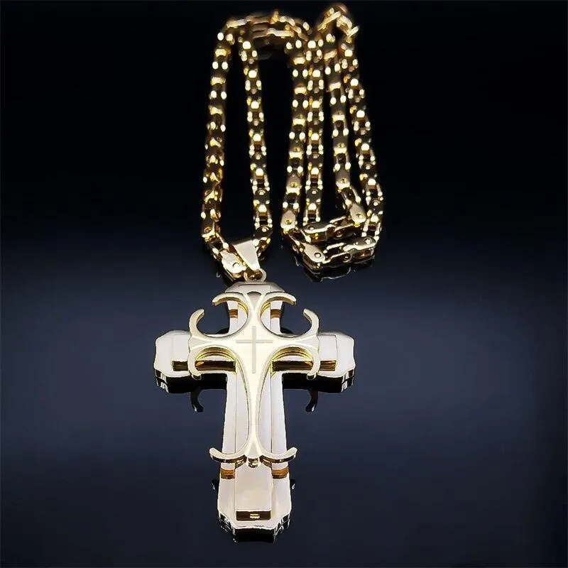 Glorious Stainless Steel Gold Colour Christ God Chain Big Cross Necklace - Christian Jewellery
