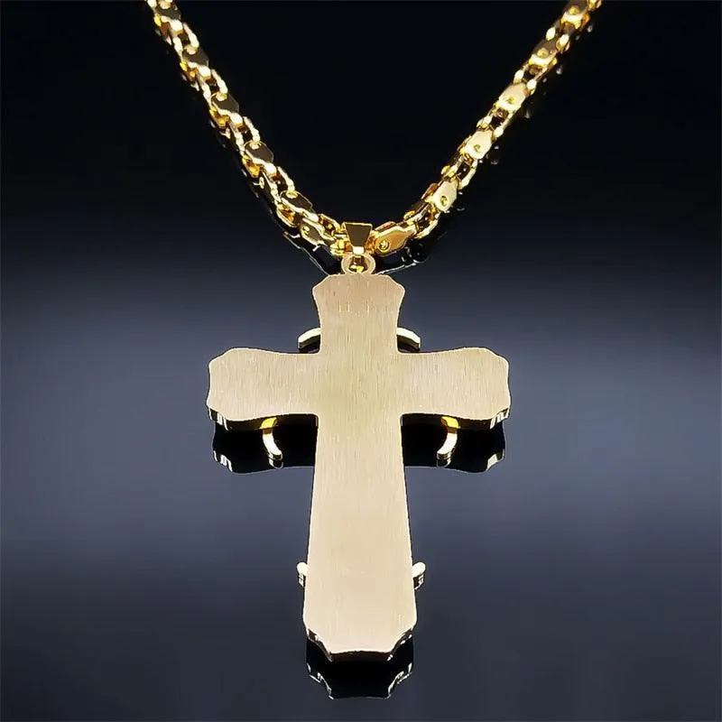 Glorious Stainless Steel Gold Colour Christ God Chain Big Cross Necklace - Christian Jewellery