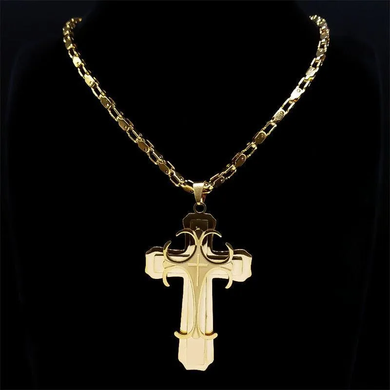 Glorious Stainless Steel Gold Colour Christ God Chain Big Cross Necklace - Christian Jewellery