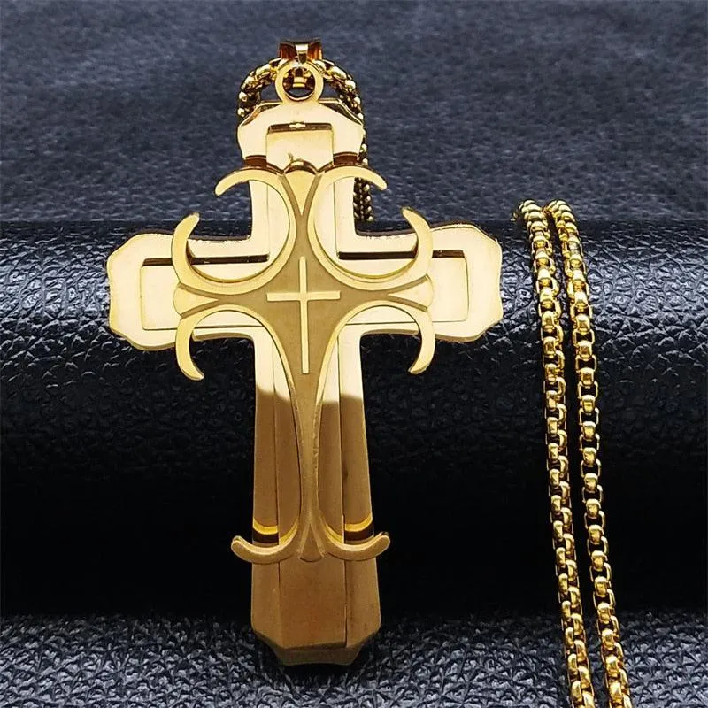 Glorious Stainless Steel Gold Colour Christ God Chain Big Cross Necklace - Christian Jewellery