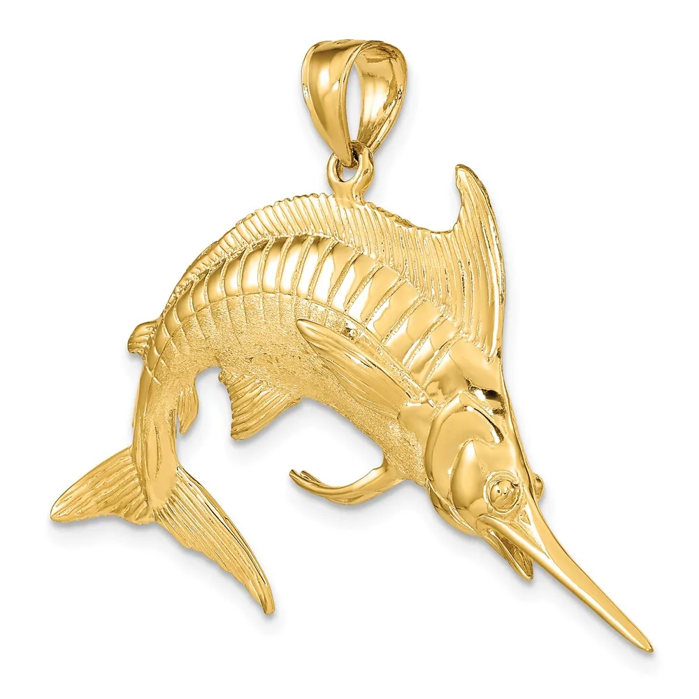 Gold 3D Polished/Satin Blue Marlin Pendant