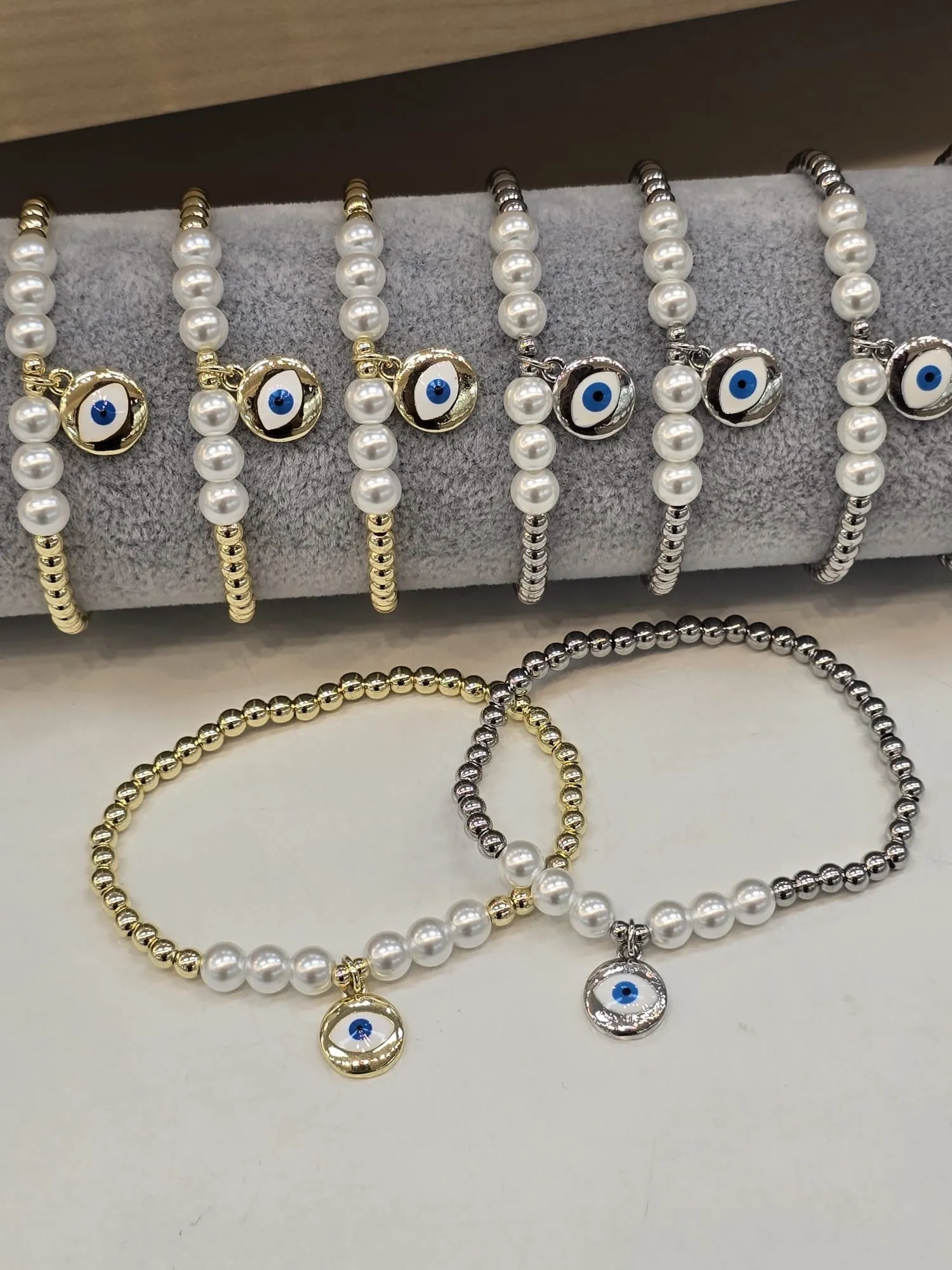 Gold Beaded Bracelet with Pearl Evil Eye Charm