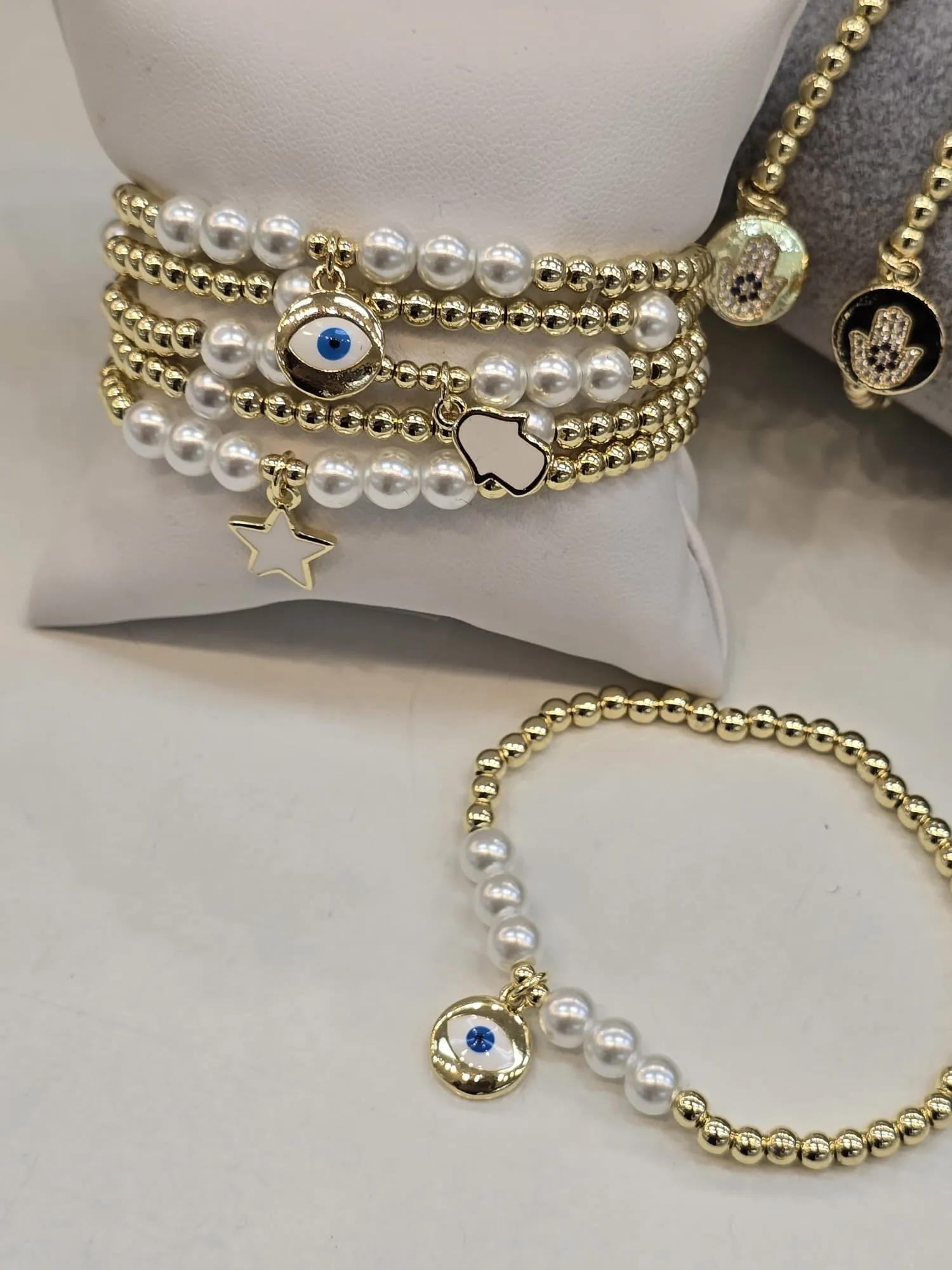Gold Beaded Bracelet with Pearl Evil Eye Charm