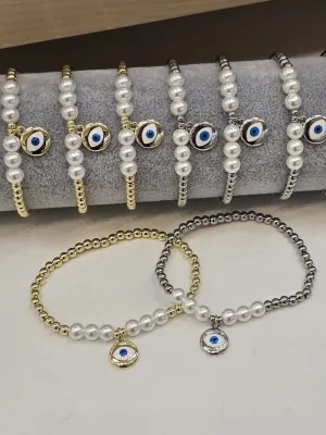 Gold Beaded Bracelet with Pearl Evil Eye Charm