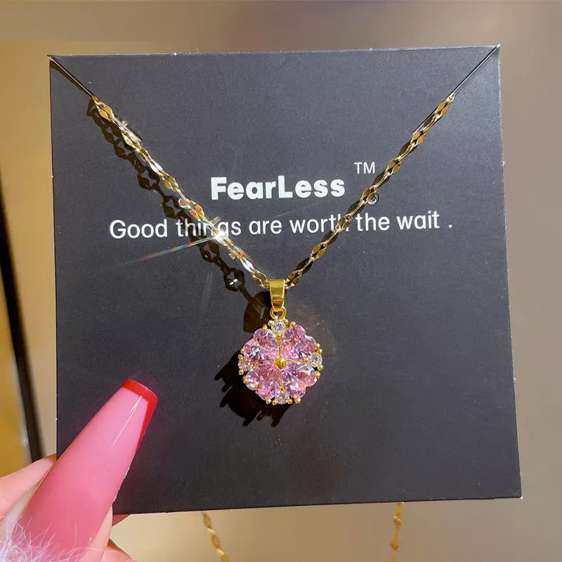Gold Color Full Purple Zirconia Flower Pendant Girl Necklace