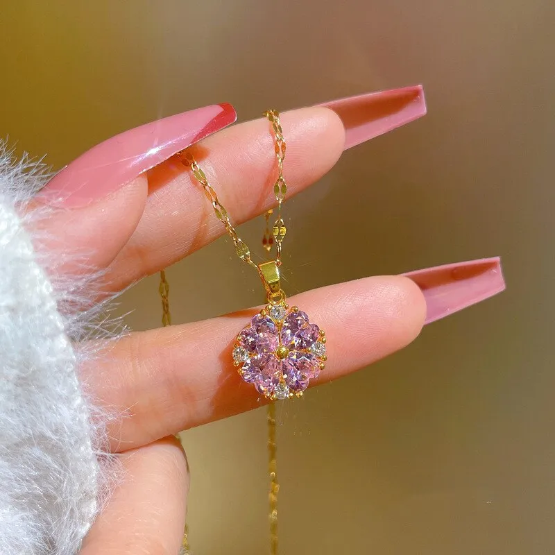 Gold Color Full Purple Zirconia Flower Pendant Girl Necklace