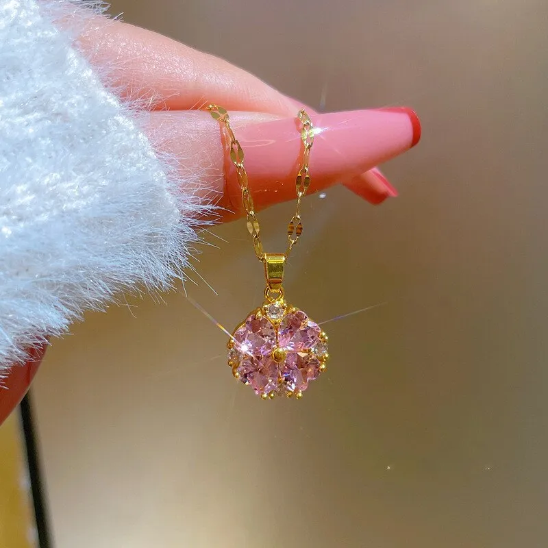 Gold Color Full Purple Zirconia Flower Pendant Girl Necklace