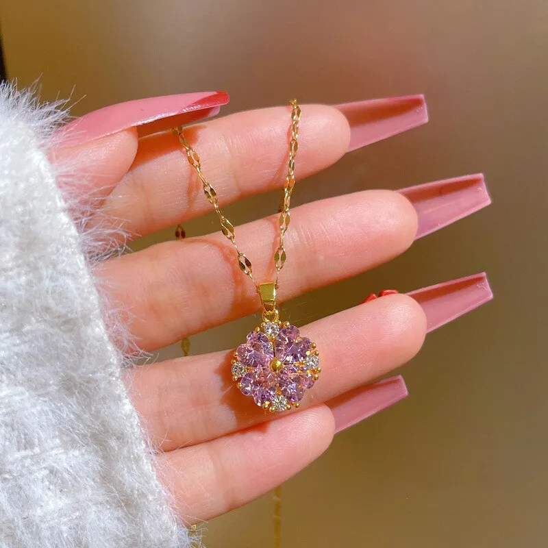 Gold Color Full Purple Zirconia Flower Pendant Girl Necklace
