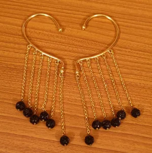 GOLD PLATED BLACK ONYX CZRVED BEADS EARCUFFS