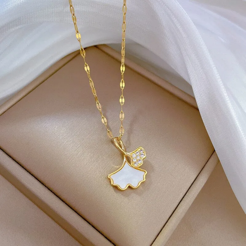 Gold Plated Ginkgo Leaf Flower Pendant Neckalce For Women