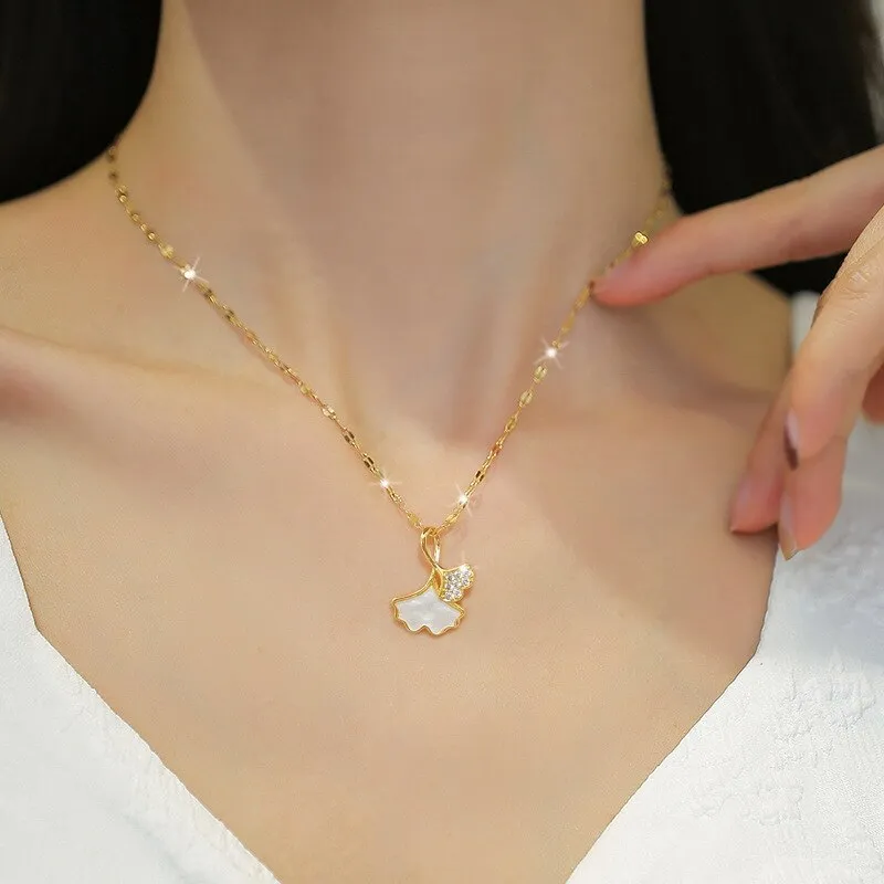 Gold Plated Ginkgo Leaf Flower Pendant Neckalce For Women