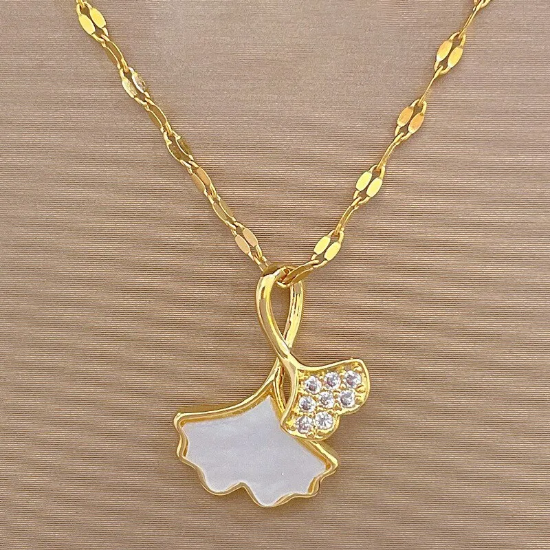 Gold Plated Ginkgo Leaf Flower Pendant Neckalce For Women