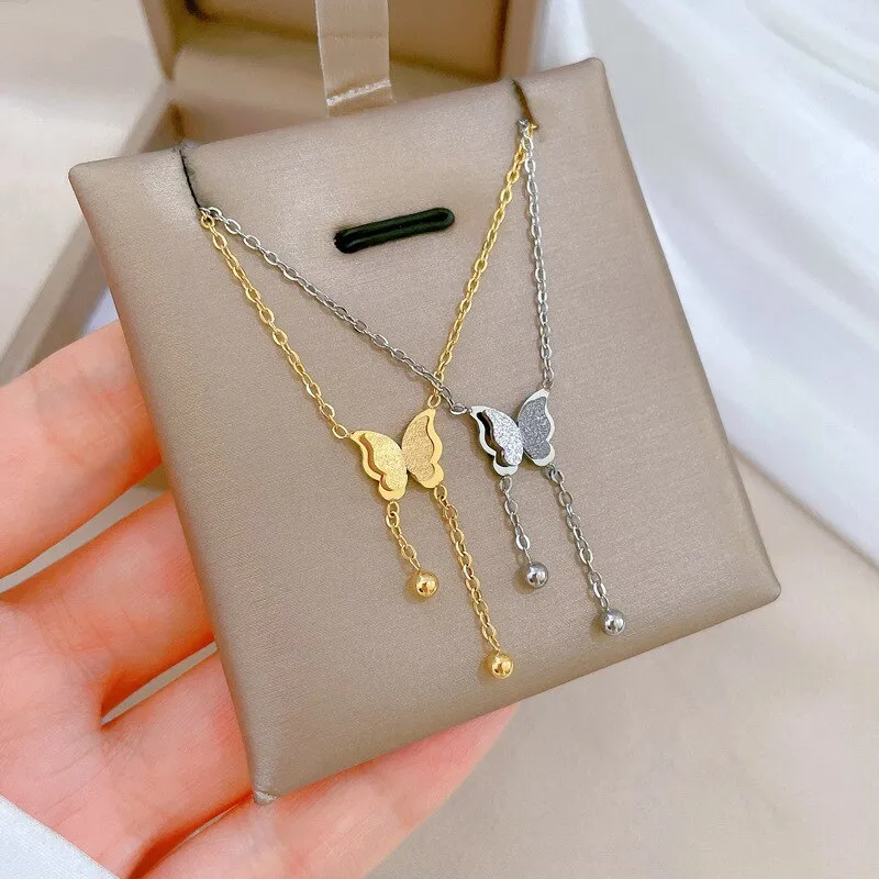 Gold Plated Korean Frosting Butterfly Tassel Pendant Neckalce For Women