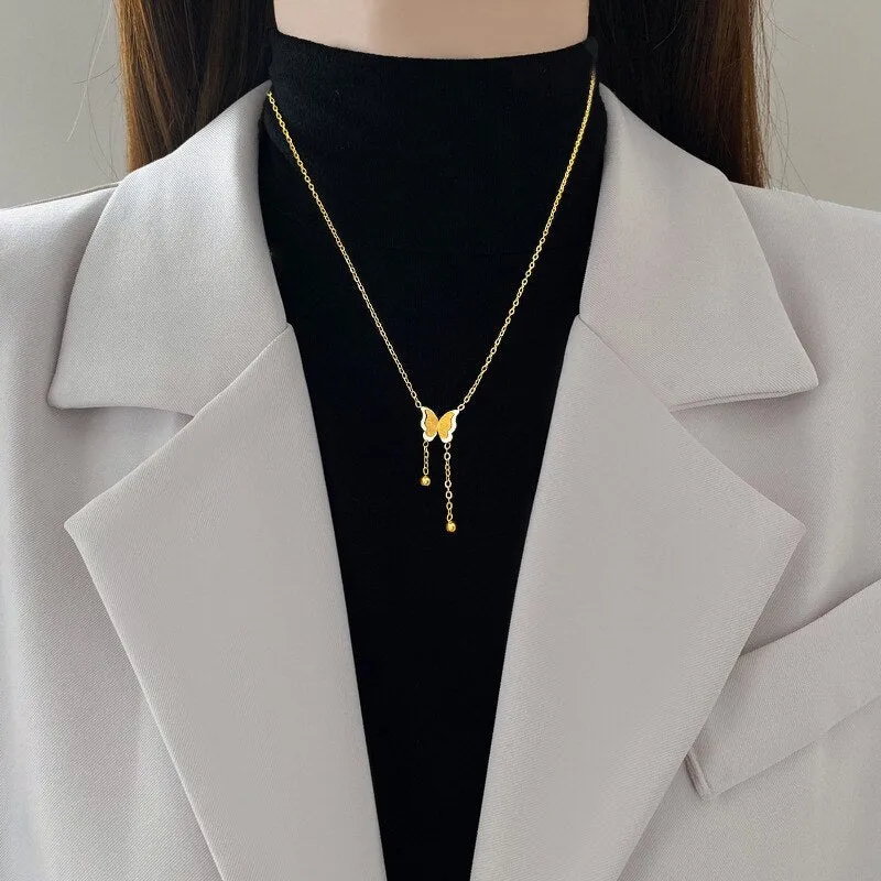 Gold Plated Korean Frosting Butterfly Tassel Pendant Neckalce For Women