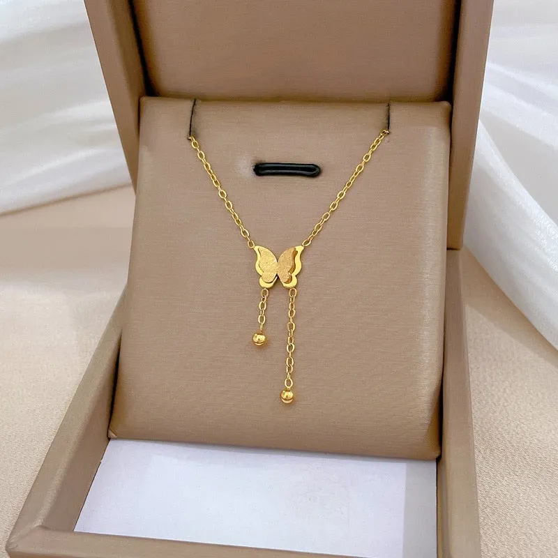 Gold Plated Korean Frosting Butterfly Tassel Pendant Neckalce For Women