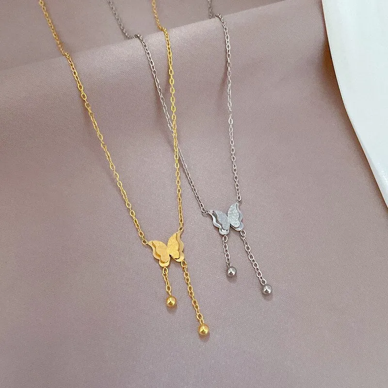 Gold Plated Korean Frosting Butterfly Tassel Pendant Neckalce For Women