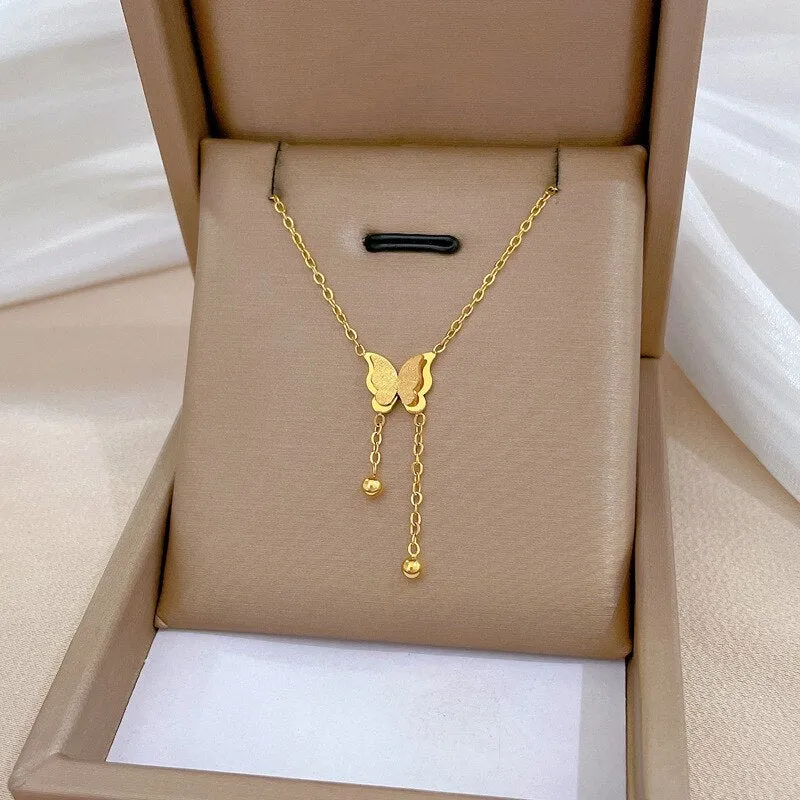 Gold Plated Korean Frosting Butterfly Tassel Pendant Neckalce For Women