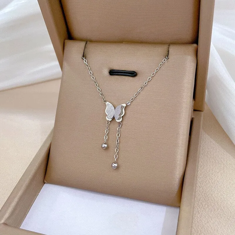 Gold Plated Korean Frosting Butterfly Tassel Pendant Neckalce For Women