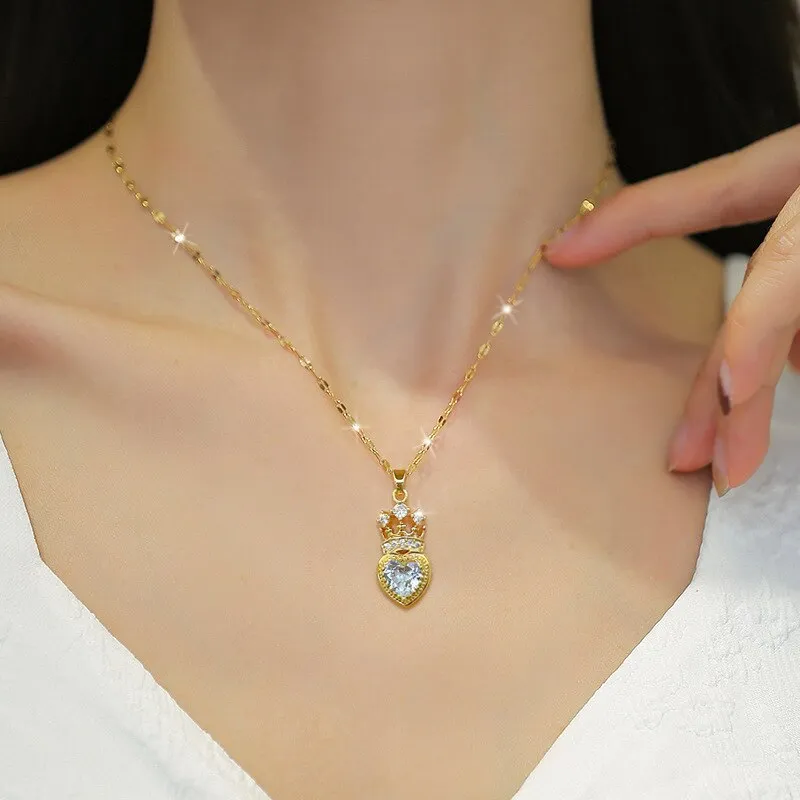 Gold Plated Luxury Jewelry Charm Rhinestone Crown Love Heart Pendant Neckalce For Women