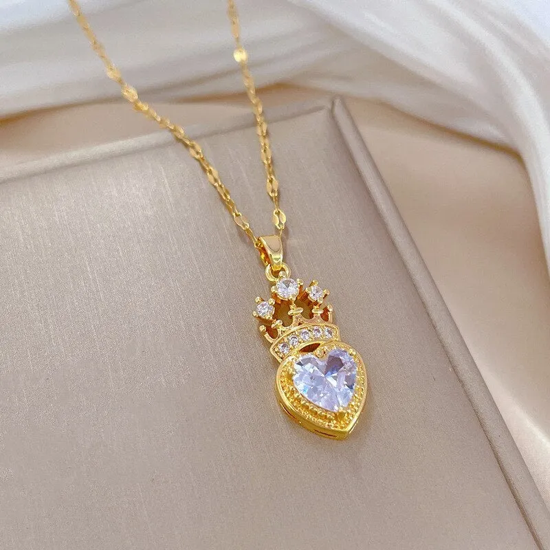 Gold Plated Luxury Jewelry Charm Rhinestone Crown Love Heart Pendant Neckalce For Women