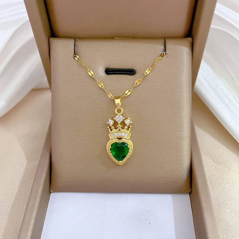 Gold Plated Luxury Jewelry Charm Rhinestone Crown Love Heart Pendant Neckalce For Women