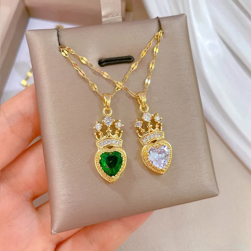 Gold Plated Luxury Jewelry Charm Rhinestone Crown Love Heart Pendant Neckalce For Women