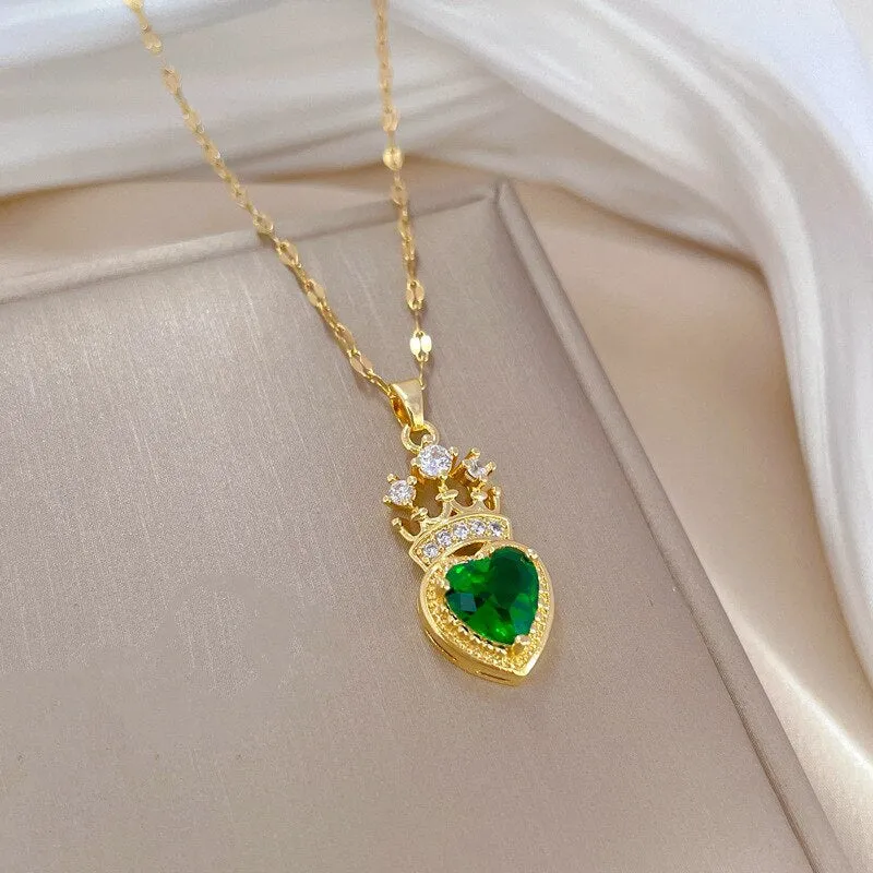 Gold Plated Luxury Jewelry Charm Rhinestone Crown Love Heart Pendant Neckalce For Women