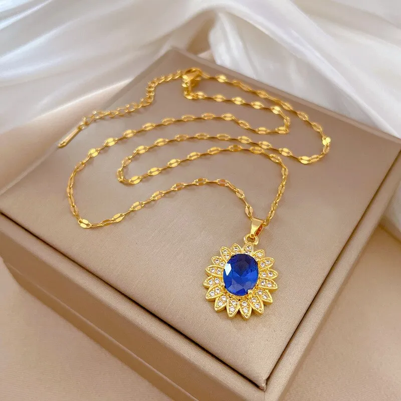 Gold Plated Luxury Jewelry Flower Gemstone Pendant Girl Necklace