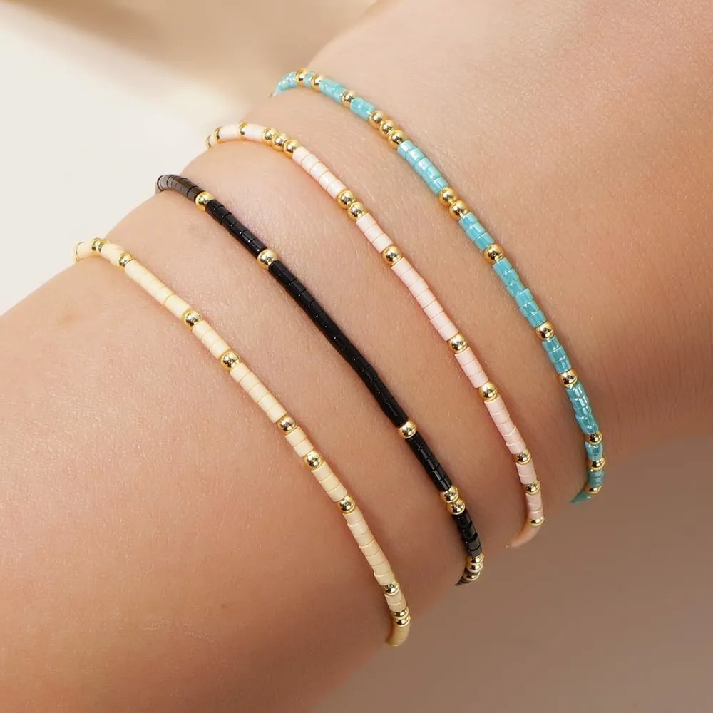 Gold Seed Beaded Bracelets Set for Women, Boho Handmade Friendship Stretch Summer Beach Jewelry Gift.