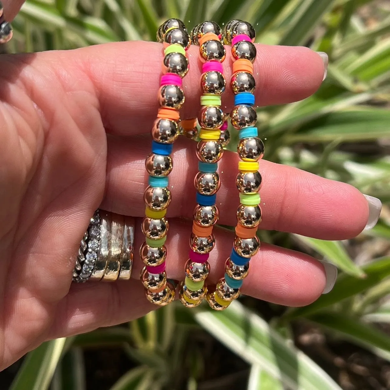 Gold With Colored Beads Stretch Bracelet