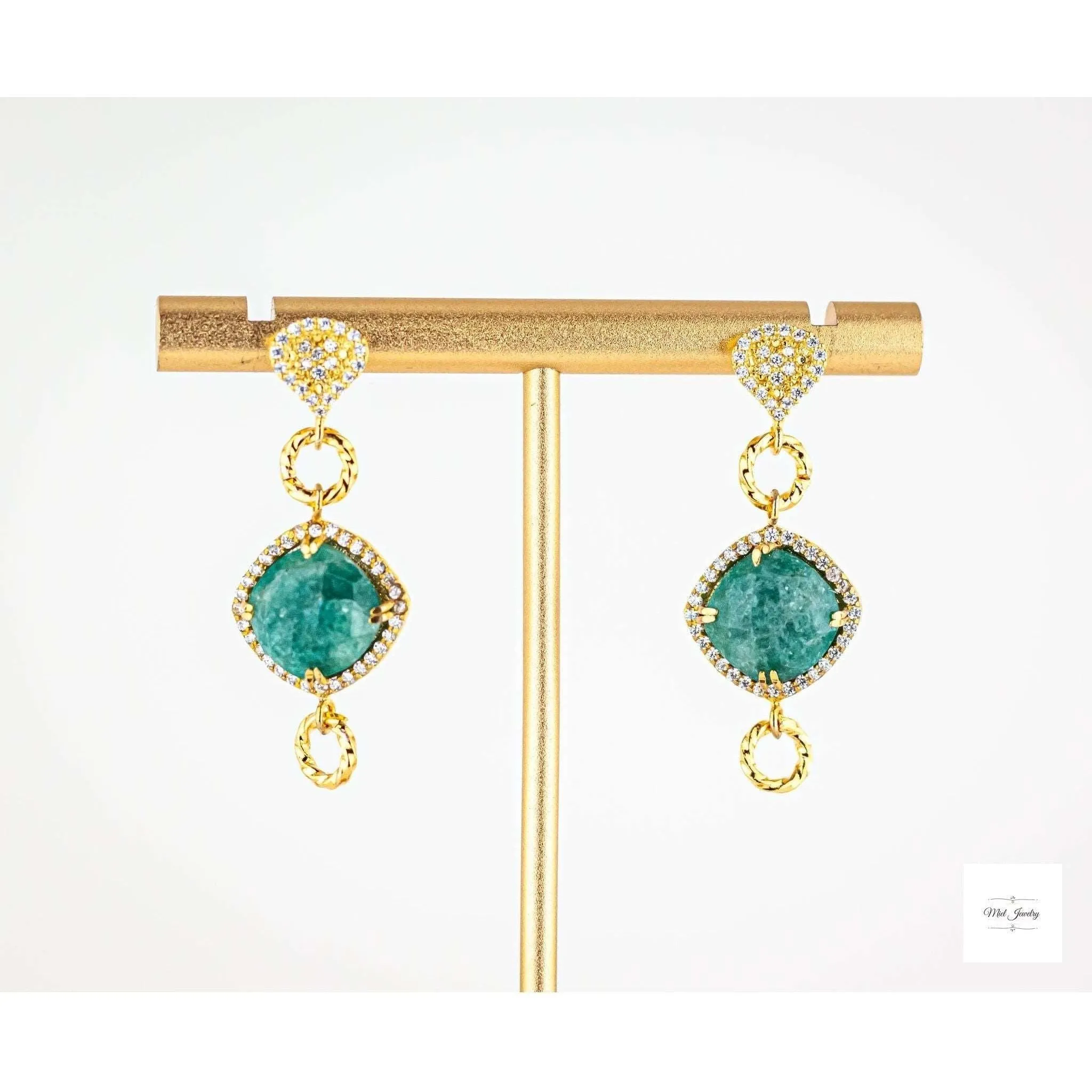 Green Aventurine and Cubic Zirconia Drop Earrings