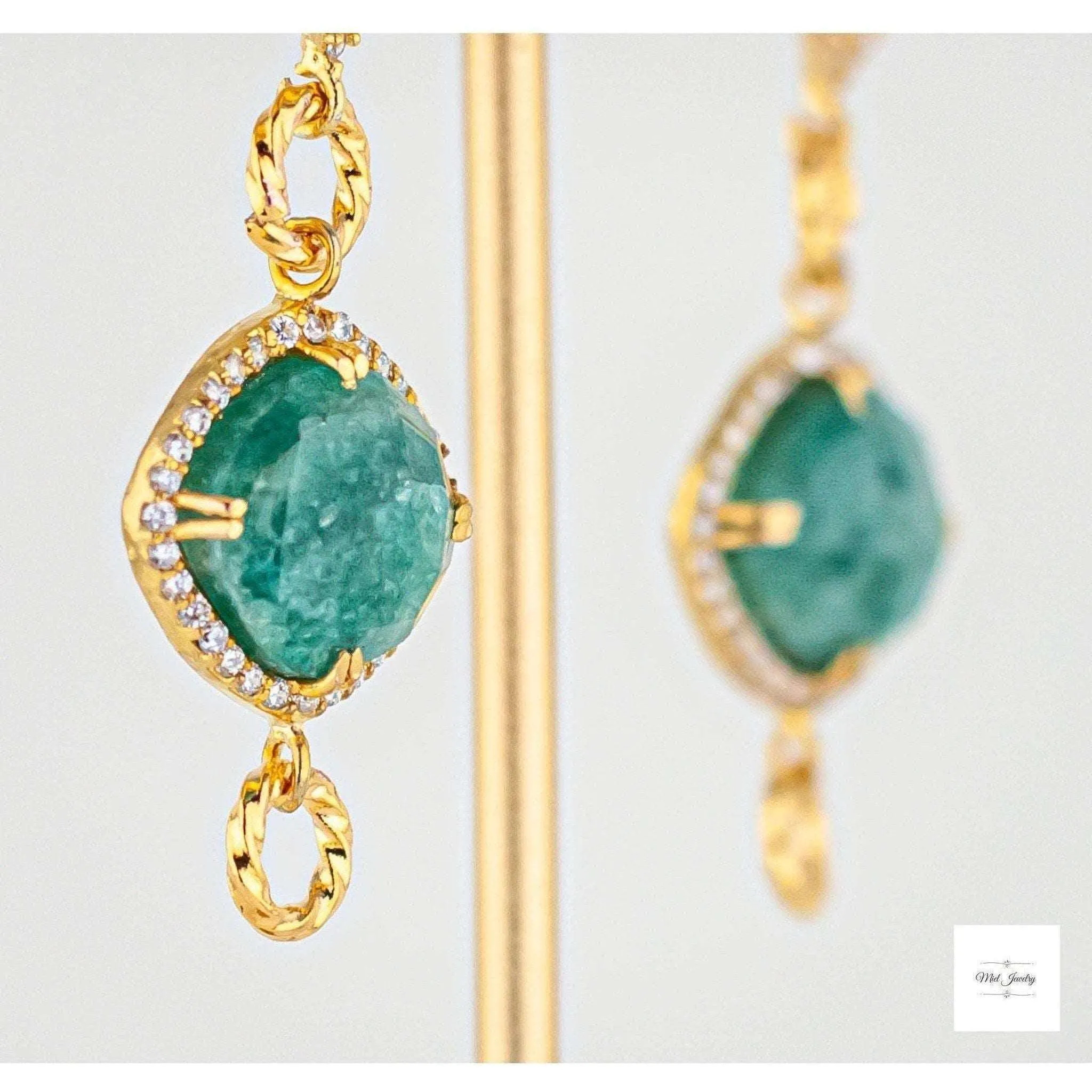 Green Aventurine and Cubic Zirconia Drop Earrings