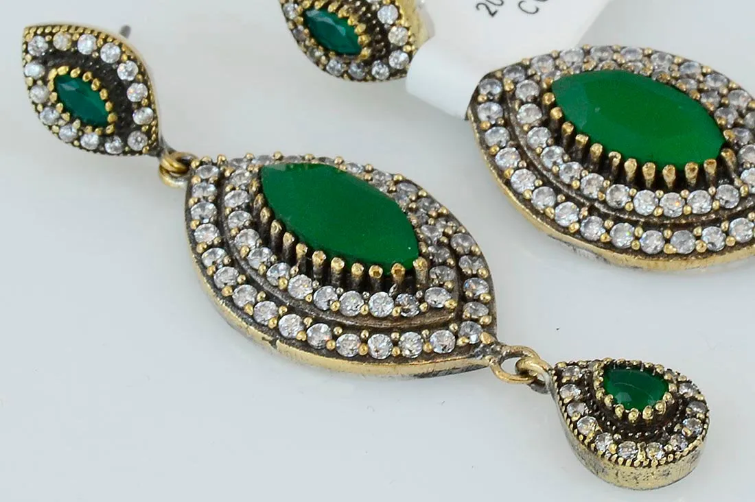 Green Emerald Earrings 925 Sterling Silver Dangle Art Marquise Drop Handcrafted