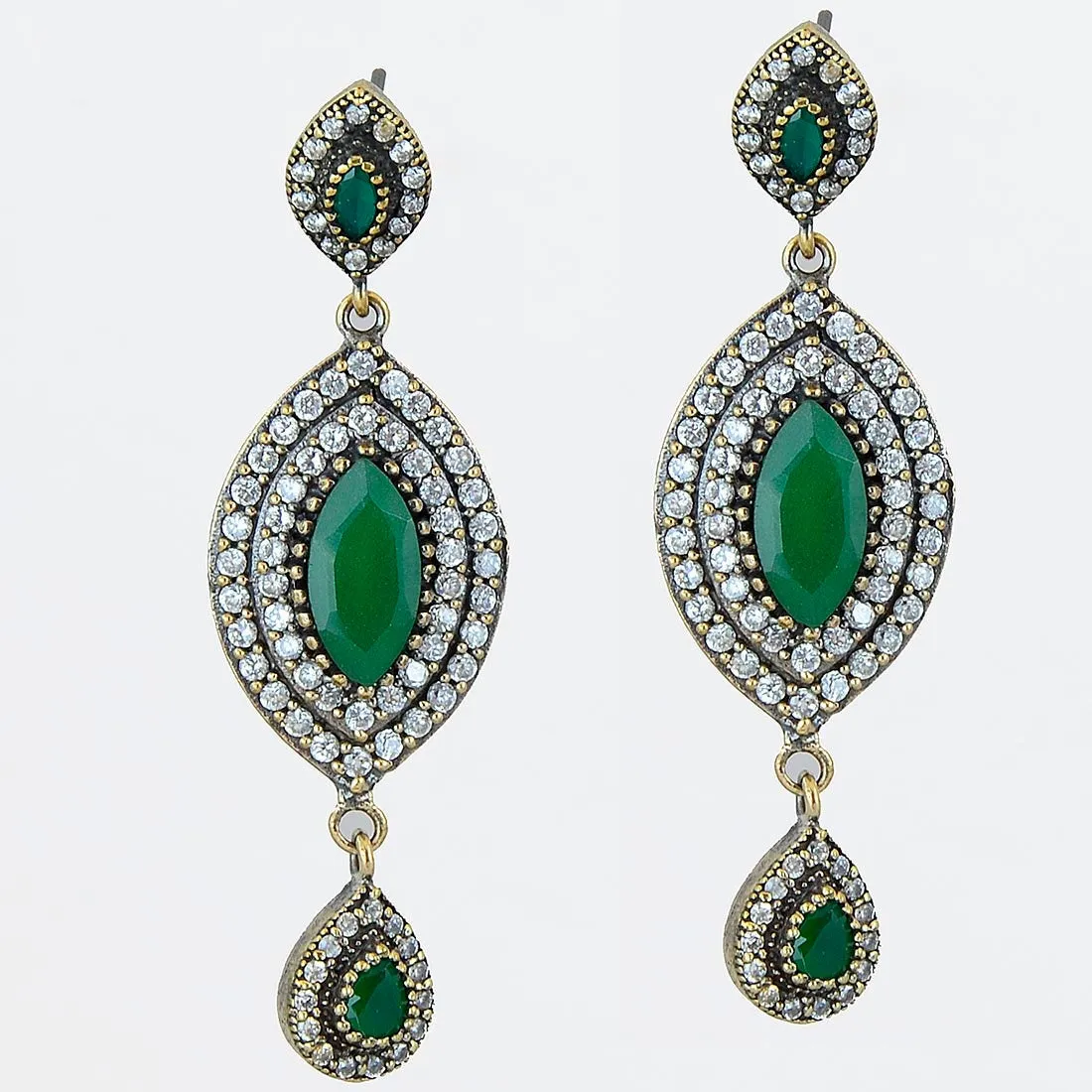 Green Emerald Earrings 925 Sterling Silver Dangle Art Marquise Drop Handcrafted