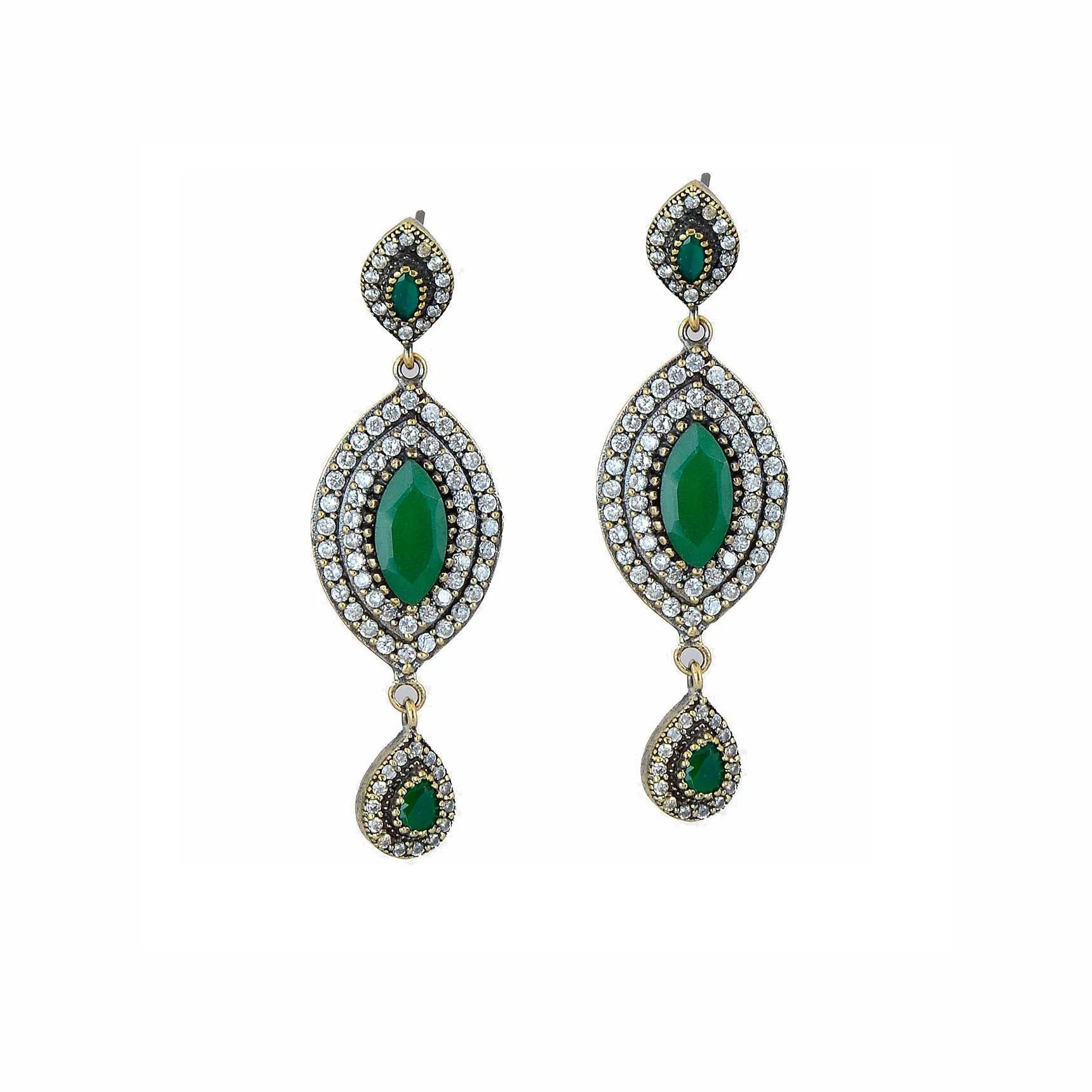 Green Emerald Earrings 925 Sterling Silver Dangle Art Marquise Drop Handcrafted