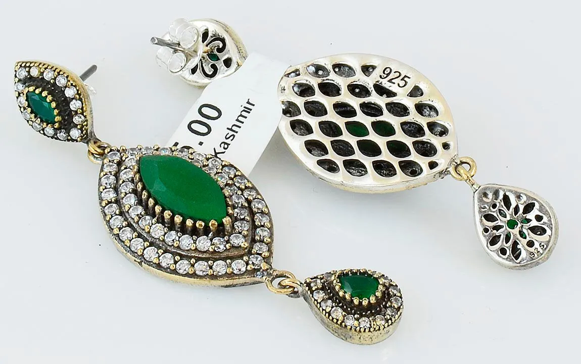 Green Emerald Earrings 925 Sterling Silver Dangle Art Marquise Drop Handcrafted